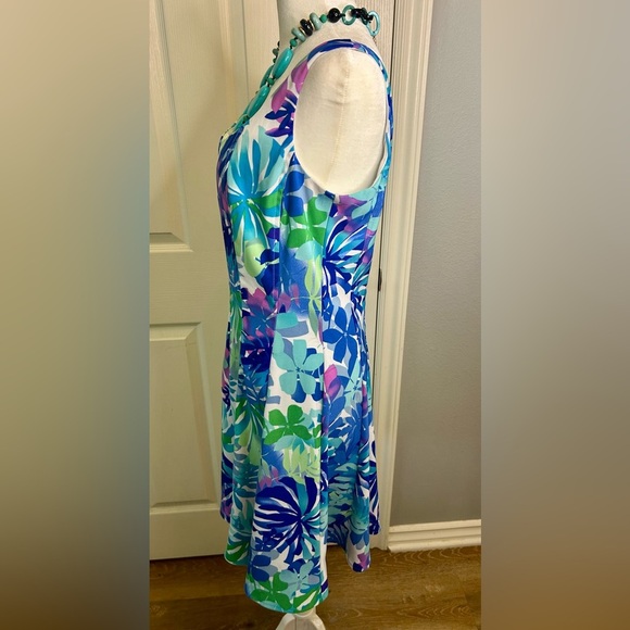 🌴”Dressbarn” Women’s Tropical Floral Print Blues/Greens/Purple Hues Midi Dress🌿 - Picture 4 of 12